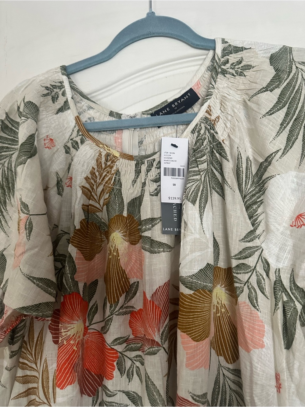 Lane Bryant Cream Botanical Floral Peasant Jumpsuit Pink, Green, Brown